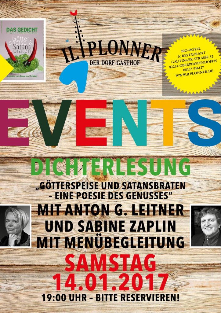 Dichterlesung „Götterspeise & Satansbraten“ – eine Poesie des Genusses, Mit Anton G. Leitner und Sabine Zaplin – mit Menübegleitung